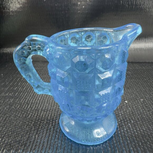 Vintage Kemple Blue Waffle Button Glass 2oz Creamer Small Glass Jug Pitcher VTG - Picture 10 of 10